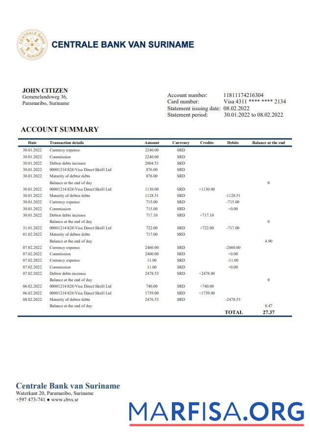 Downloadable Suriname Centrale Bank Van Suriname bank statement word template
